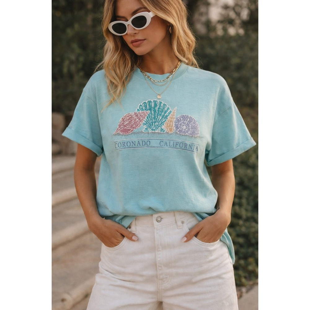 Vintage Oneita Coronado California Seashell Graphic T Shirt XL Light Blue 90s